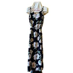 Aqua Soprano Floral Print Black Maxi Dress Tie Waist Size Small
